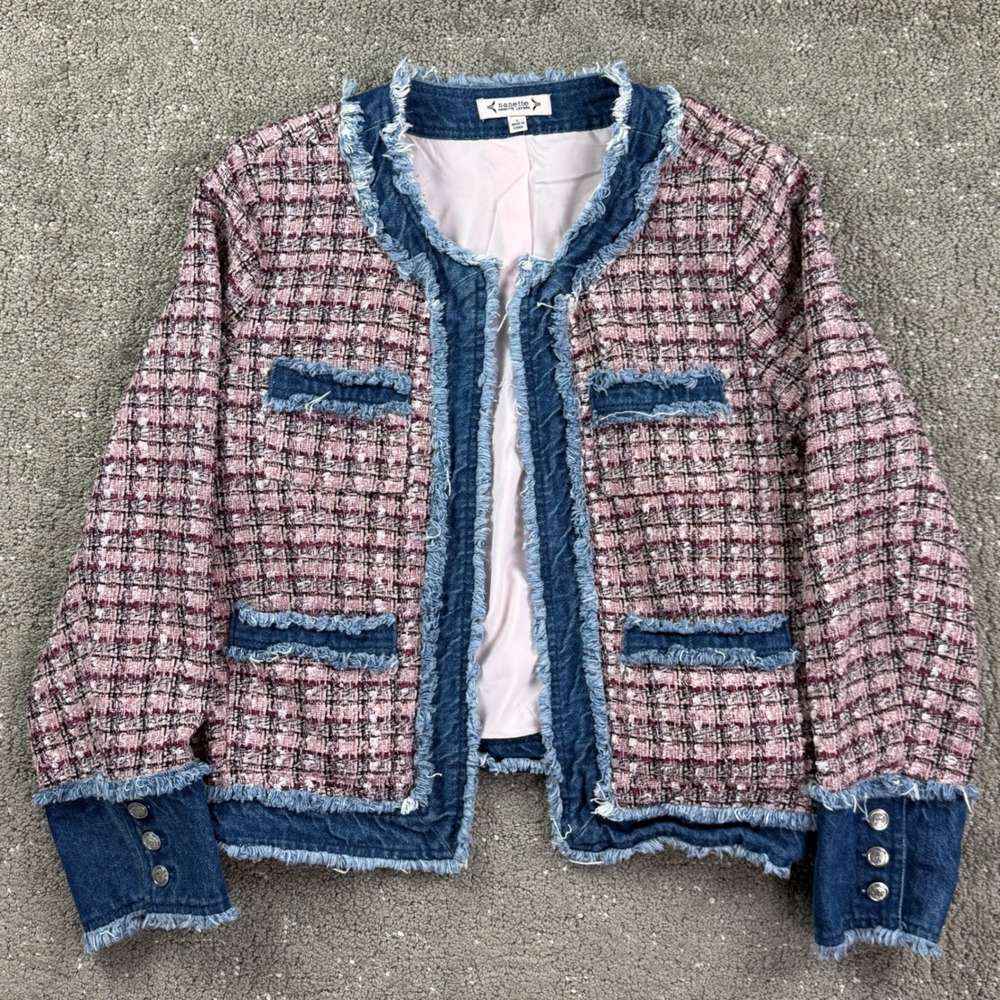 Nanette Lepore Womens L Pink Tweed Denim Fringe Cropped Jacket Blazer Preppy